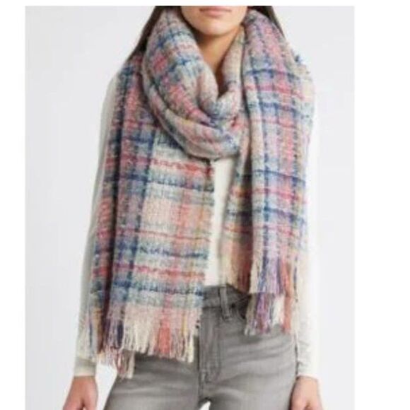 NWT Treasure & Bond Ivory Plaid Combo Fringe Blanket Scarf - Picture 1 of 6